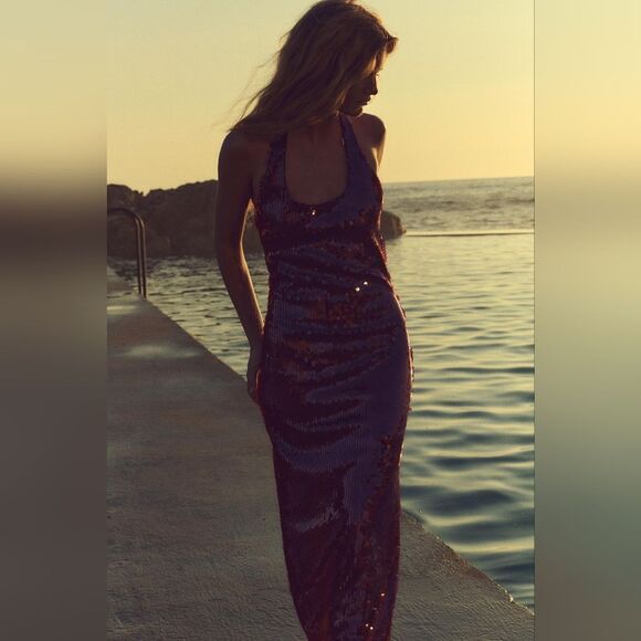 NWT ZARA SEQUIN HALTER DRESS burgundy - Picture 14 of 16